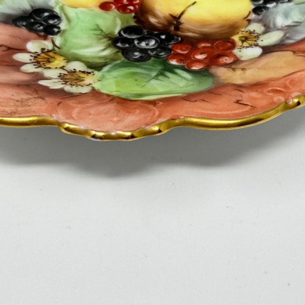 C Durflinger Handled Plate Hand Painted Fruit Porcelain Peach Gold 6.5 In